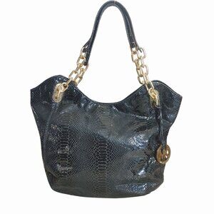 Michael Kors Black Python Embossed Leather Tote Gold Chain Handles Logo Charm